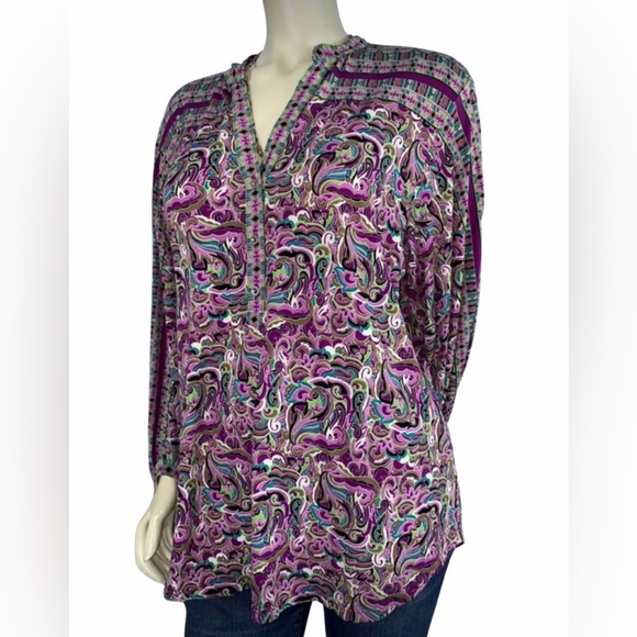 Alfani | Women’s Boho V-Neck Purple, Brown, Green, Blue Print Top Size Large - Picture 4 of 10